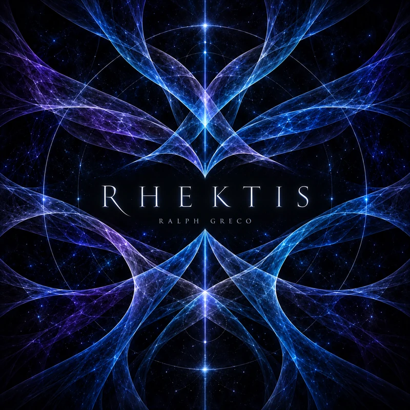 RHEKTIS artwork, crystalline blue and violet forms against a dark field